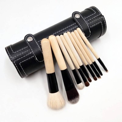 Brown 9 Piece Travel Size Basic Makeup Brushes Set With Cosmetic Mirror And Case